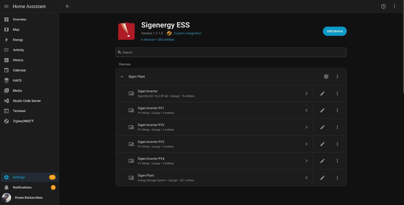 Sigenergy ESS integration, click the cog on the Sigen Plant config entry