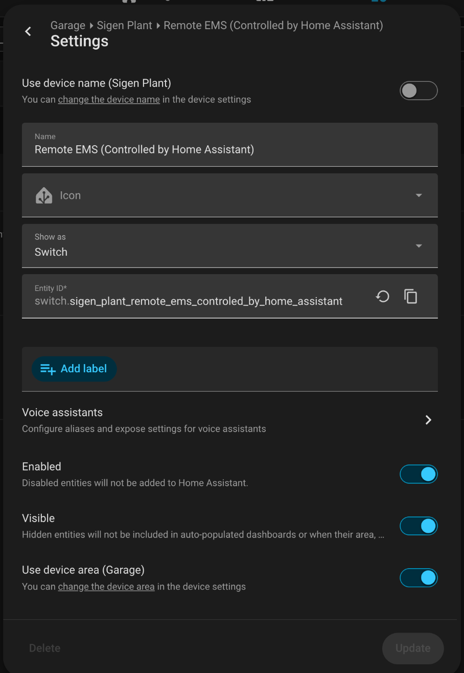 Enable the Remote EMS switch entity, repeat for the control mode select