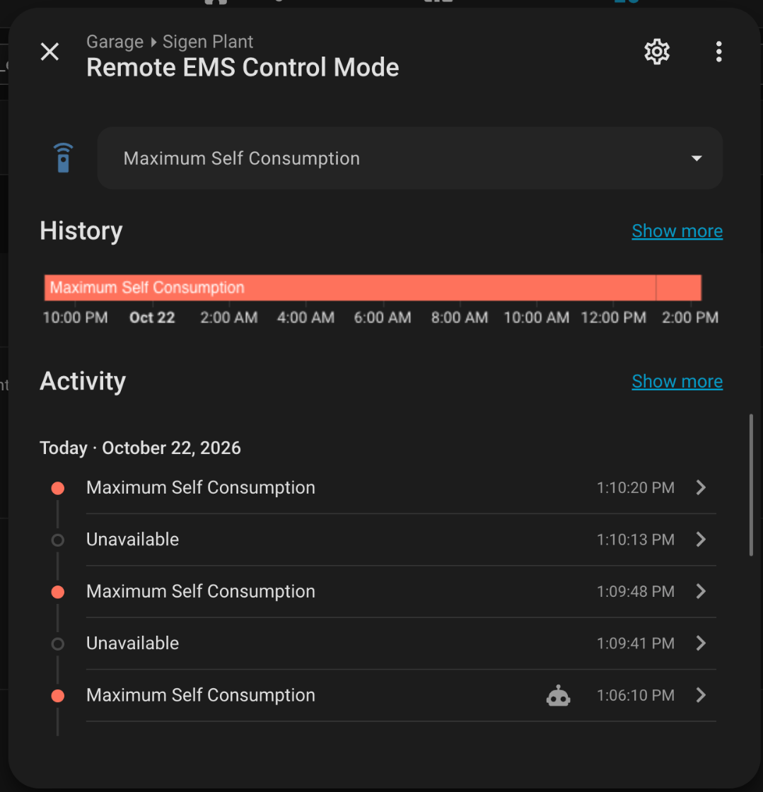 Remote EMS control mode select. The history bar at the top is the quickest way to see what mode the plant has been in