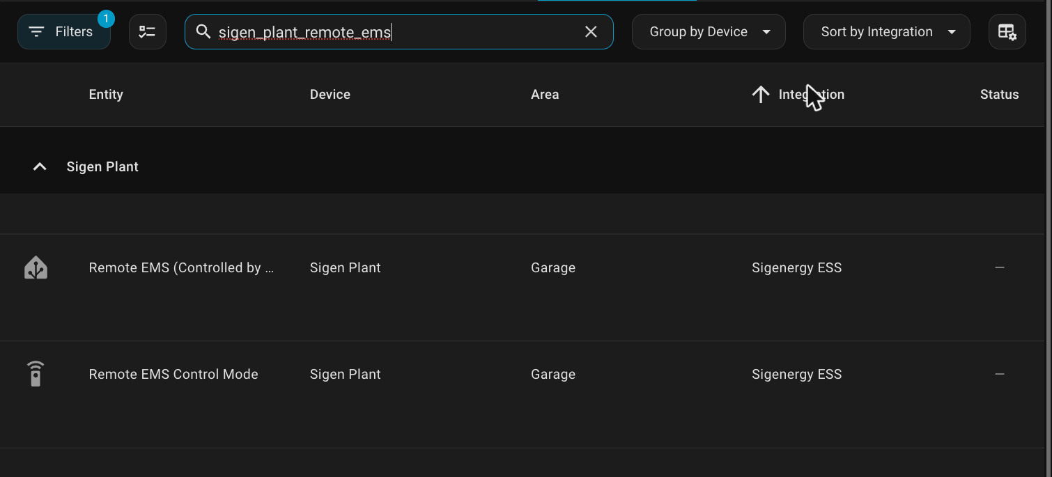 The entity list filtered to the two Remote EMS entities